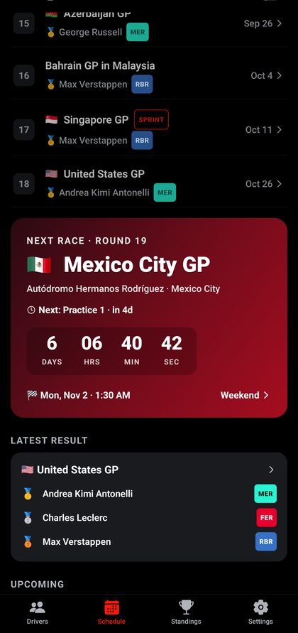 F1 app schedule screen with next race countdown and latest result