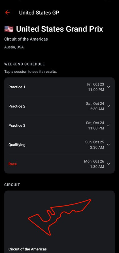 F1 app race weekend screen with session times and circuit map