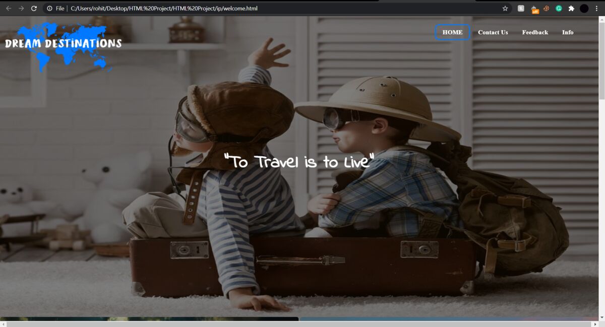 Home page. Contact, feedback, and the tour and destination detail all sit in the top right so you can jump straight to whichever one you came for.