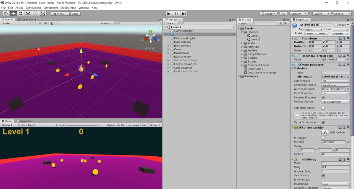 The project in the Unity editor: scene and game views on the left, hierarchy, project, and inspector stacked on the right.