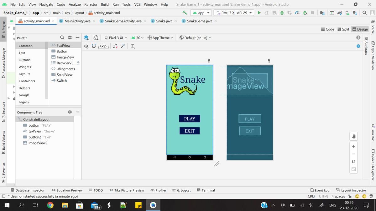 The main screen in the Android Studio designer, with Play and Exit positioned in a constraints layout so the menu holds up across screen sizes.